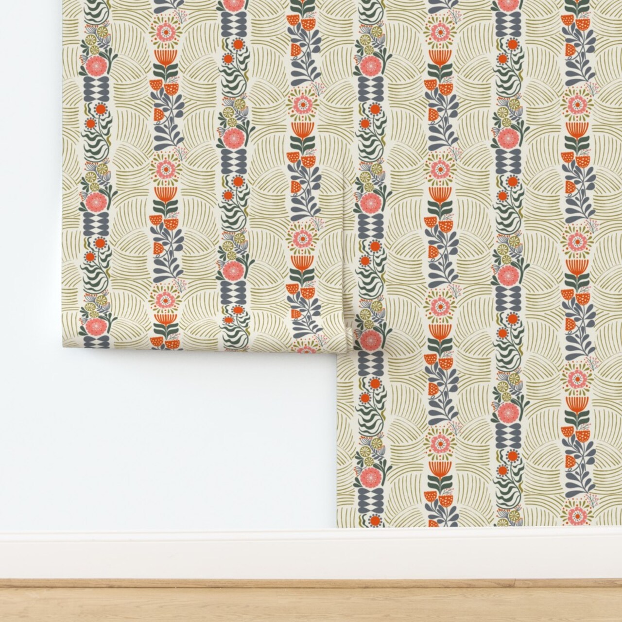 Stripes Scandinavian Floral Folk Art Custom Pre-pasted Wallpaper by Spoonflower Pre-Pasted Wallpaper 2FT Wide